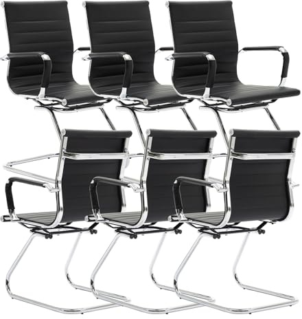 chairus PU Leather Office Chairs 6pcs Metal Conference Chairs, Black | Ergonomic Design, with Back Handle, Wear-resistantand PU Leather, Sturdy Metal Frame, for Meeting Room/Reception Area