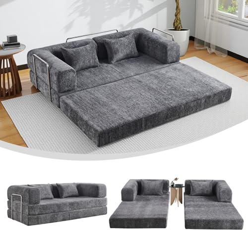 AIMSTYTO 5-in-1 Convertible Folding Sofa Bed, 200cm Queen Chenille Boneless Couch with Removable Armrests, No Assembly 2-3 Seater Sofa, Double Futon Couch for Living Room & Bedroom (Grey)