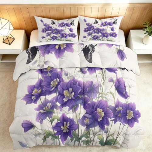 Srigzcaly Täcke utan överdrag 155 x 220 lila riddarsporre blommor täcke, lantlig stil växter 4 säsonger året runt täcke för flickor – tvättbara sängkläder för sovrum dekoration presenter