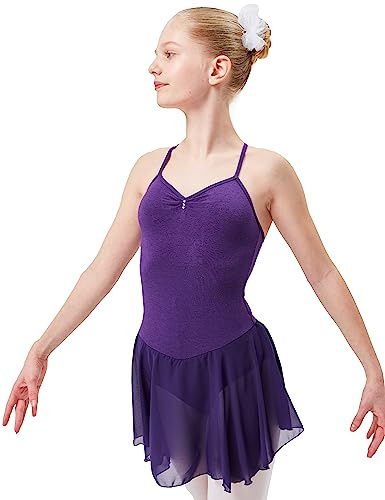 tanzmuster Kinder Ballettkleid Maja - süßer Spaghetti-Träger Ballettbody mit Chiffon Röckchen und Glitzersteinen in lila, Größe:128/134
