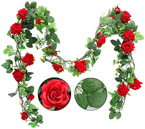 Shiwaki 2PCS 95cm / 37inch Ghirlanda di Fiori Artificiali Rosa Appesa nel Verde Vite Seta Floreale Vite Casa Matrimonio Arco Decorazione da Parete Artigianato, Confezione da 2 (Rosa Rossa)