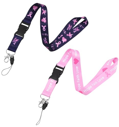 WANDIC 2 PCS Octobre Rose Cordon Cou Porte Clé,Tour de Cou Porte Clé de Cancer du Sein Lanière avec Boucle à Dégagement Rapide pour Support de Téléphone,Couleur Mélangée