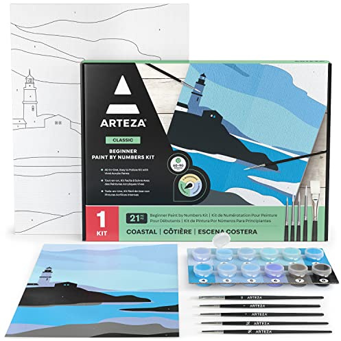 ARTEZA Coastal Paint by Numbers for Adults, 12 x 16 in, 21-Piece Kit