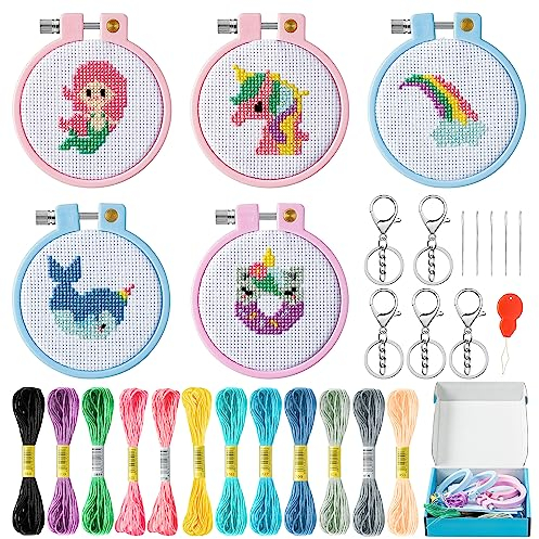 WATINC 9PCS Embroidery Cross Stitch für Kinder, Einhorn Muster Stickerei Anfänger Set Unicorn Gestempelt Kreuzstich Nähen Kit mit Nadelspitze Schlüsselanhänger, Starter Kit Nähen Set mit Anleitung
