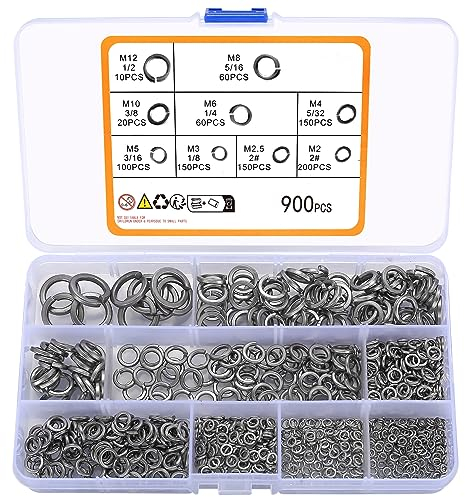 Lot de 900 rondelles de sécurité fendues en acier inoxydable - Joints élastiques pour boulons, vis, 2#, 1/8, 5/32, 3/16, 1/4, 5/16, 3/8, 1/2
