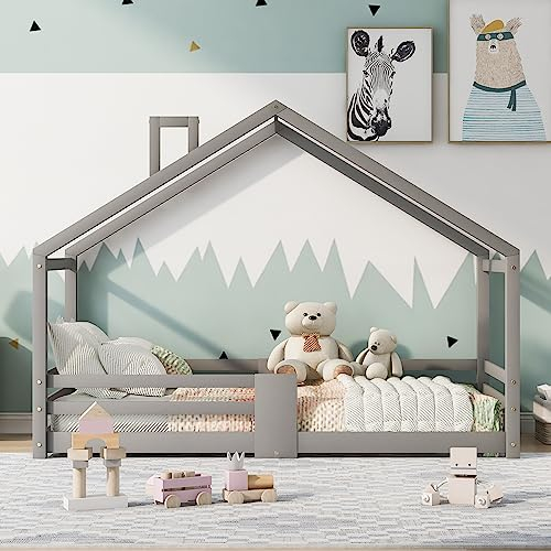 WIZBED Kinderbett 90 x 200 cm, Hausbett mit Schornstein Rausfallschutz Robuste Lattenroste, Kiefernholz Haus Bett for Kids ohne Matratze Grau