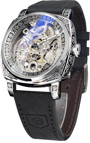 FORSINING Uhren für Herren, quadratisch, Retro, mechanische Uhr, selbstaufziehend, geschnitzt, Skelett, Automatikuhren, Vintage-Lederarmband, Schwarz