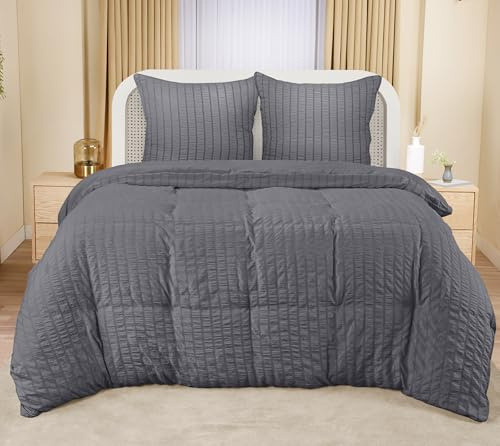 Utopia Bedding Seersucker Påslakanset - Mjukt Påslakan av Polyester med Mikrofiber 200x200 cm Med 2 Örngott 80x80 cm - Grå