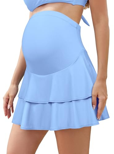 SHEKINI Gonna premaman con volant sopra e sotto la pancia a vita alta fluida gravidanza atletica skorts pantaloncini integrati per tennis golf, Azzurro, XXL