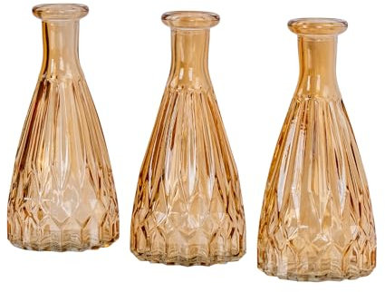 3er Set Vasen Glas H15cm Amber Orange Blumenvase Tischdeko Bernstein Glasvase Blumendeko Vintage Kristallmuster Dekovase