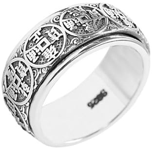 Feng Shui Five Emperors Coin Rings, Vintage S925 Sterling Silver Attracting Wealth Lucky Money Ring, Relieving Stress Good Luck Jewelry Gifts for Men Women (11)