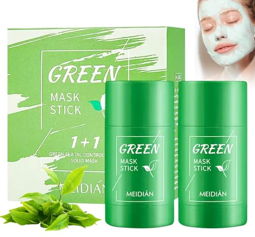 2 pezzi di Green Mask Stick, Green Tea Mask Stick – Pulizia profonda, riduzione dei pori, rimozione dei punti neri, idratante, controllo dell'olio - Maschera in argilla solida purificante per la cura
