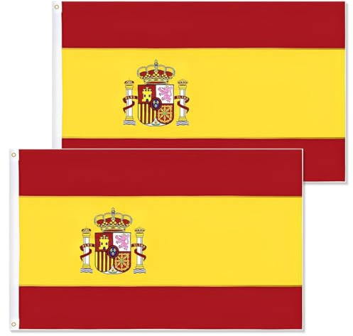 2 Pcs Bandera España Grande para Exterior 90x150cm, Bandera de España Balcón Reforzada y con 4 Ojales Metálicos Spanish Flag, para el Día de San José, Eurocopa, Mundial, Fútbol, ​​Día Nacional