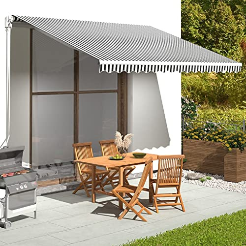 Parasol extensible para balcón al aire libre, 400 x 350 cm, sombrilla independiente con brazos, toldo gris y blanco, protección UV, sombra de patio para jardín y terraza.