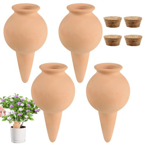 EXLECO 4pcs Coni in Argilla 100ml Testina di Irrigazione Goccia in Argilla Sfere di Irrigazione in Terracotta Sistema Automatico di Innaffiatura Vacanze Coni per D'Irrigazione Piante Interni & Esterni
