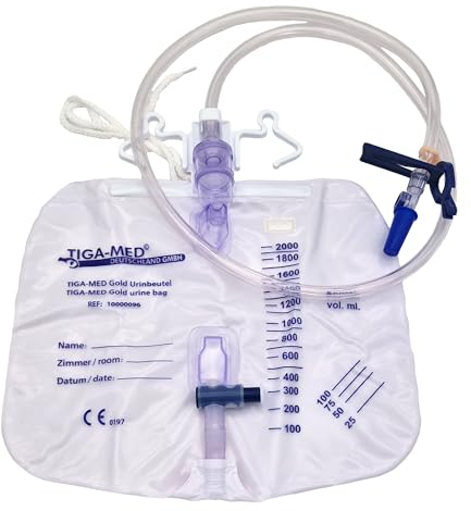 TIGA-MED Gold Urinbeutel | geschlossenes System | 2 Liter | steril | 110cm Schlauch | Bettbeutel für sichere Urinableitung