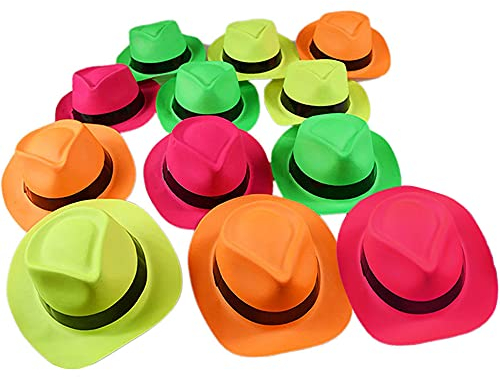 Novelty Place Neon Fedora Partyhüte aus Kunststoff - Gangster Style & UV Schwarzlicht Glow - für Kinder und Erwachsene (12er Pack)