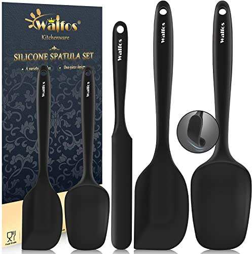 Walfos Silicone Spatula Set - 600ºF Heat Resistant Kitchen Scraper Spatulas, Strong Steel Core and One-Piece Design, Prefect for Cooking Mixing & Baking - BPA Free & Dishwasher Safe Set of 5, Black