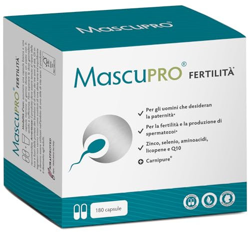 MascuPRO® Fertilitá - Produzione di spermatozoi - 180 Capsule per la fertilità maschile - L-carnitina, Zinco - Prodotto in Germania
