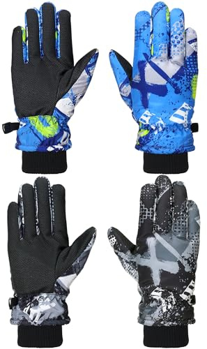 Honoson 2 Pairs Kids Snow Gloves Winter Waterproof Kids Ski Gloves Youth for Girls Boys Outdoor Toddler Snowboard Warm Clothe(Retro Pattern,6-13 Years)