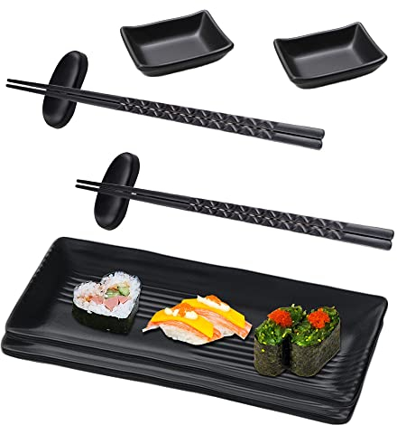 ACONDE Sushi Platte mit Dipschalen, Sushi Geschirr mit Stäbchen, Japanese Sushi Sushi Teller, Geschirr-Set mit 2 Paar Essstäbchen + 2 Essstäbchenablagen + 2 Teller + 2 Dipteller, Schwarz