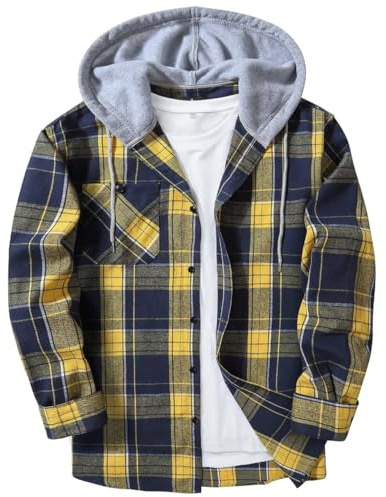 JACKETOWN Men's Hoodies Long Sleeve Casual Plaid Flannel Shirt Mens Jackets Top Button Down Shirts for Men Cotton Lumberjack Regular Fit Yellow Blue