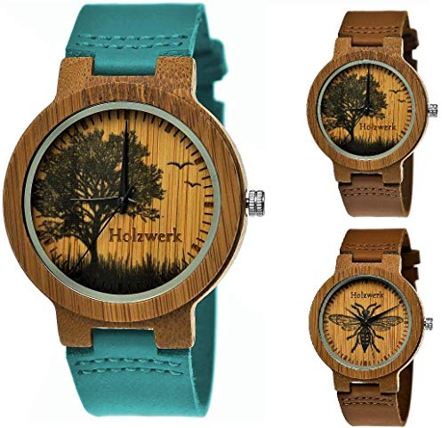 Holzwerk Germany Handgefertigte Designer-Uhr für Damen und Herren - Öko Natur Holz mit Leder Armband Save The Trees Analog Klassisch Quarz Braun Baum Natur Motiv Limitiert (Baum.türkis.braun.)