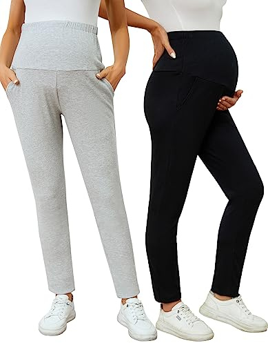 Brynmama Kvinnors moderskap leggings 2-pack stretchiga graviditetsbyxor med justerbart midjeband och fickor, Svart/grå, XXL