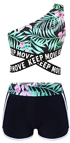 CHICTRY Bambina Costume da Bagno in Due Pezzi Costumi Interi Stampa Fiori Bustier Bikini Set Canotta Crop Top Una Spalla + Pantaloncini da Nuoto Swimsuit Giglio 11-12 Anni