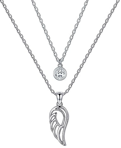 JENDEAR SHINE Angel Wings Necklace for Women, Dainty Layered 925 Sterling Silver Cubic Zirconia Pendant Necklace, Christmas Mother's Day Birthday Gift for Wife Mom