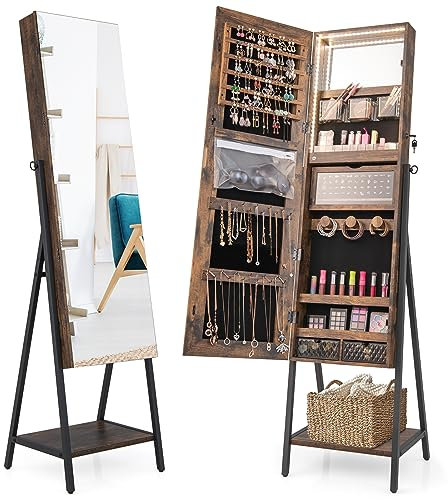 RELAX4LIFE Armoire à Bijoux sur Pied avec Miroir Pleine Longueur, Miroir Rangement Bijoux avec Éclairage Led Réglable & Étagère Ouverte, Meuble Bijoux Verrouillable pour Chambre Dressing (Marron)