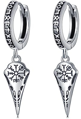 ROMANTICWORK Wikinger Runen Ohrringe - 925 Sterling Silber Raben Creolen Hängend Huggie Ohrringe - Nordische Wikinger KräheSchädel Schmuck - Geschenke für Männer und Damen