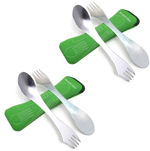 SwirlColor Göffel Edelstahl Gabel und Löffel 3 in1 Campingbesteck Leichtes Besteck Dual-Use 4 Stück
