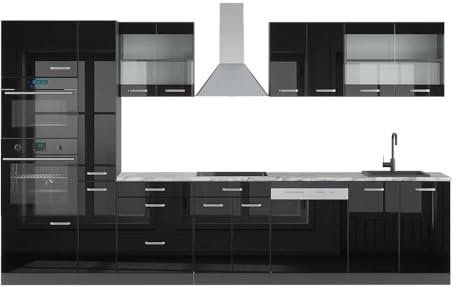 Vicco Küchenzeile R-Line, Schwarz Hochglanz/Anthrazit, 350 cm mit Hochschrank, AP Marmor, zur flexiblen Erweiterung durch zusätzliche Module geeignet