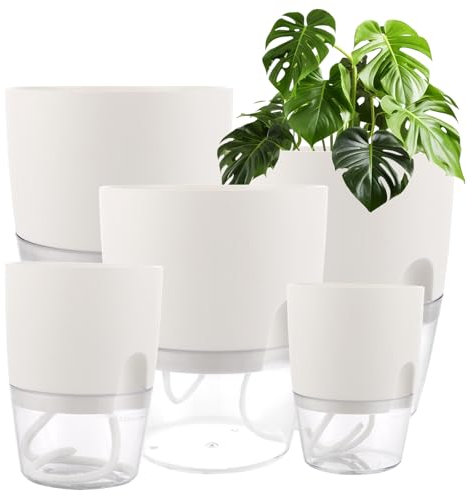 Oungy 5 Stück Blumentopf Selbstbewässernd, Selbstbewässerungstopf mit Wasserspeicher Kräutertopf Selbstbewässernd Blumentopf mit Bewässerungssystem für Innen Balkon Schlafzimmer 15.3/10.5/8.2cm(Weiß)