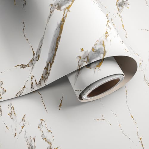 VaryPaper Matte White Gold Marble Wallpaper Marble Sticky Back Plastic 40cmx200cm Washable Kitchen Wallpaper Kitchen Worktop Vinyl Covering White Marble Vinyl Wrap for Furniture Adhesive Table Cover