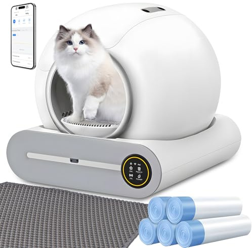 Arenero Automático para Gatos, Caja de Arena Autolimpiable 65L + 9L con Control App, Eliminación Inteligente de Olores y Sensores de Seguridad Anti-Pellizco, Arenero Electrico Gato para Varios Gato