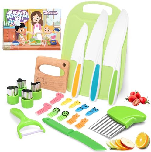 Woiworco Coltello da Cucina per bambini 22 pezzi Coltelli Bambini per Tagliare, Sicurezza Set di Coltello da Fruttas in Plastica Kit da Taglio, Colorati Coltello per Taglio Verdura