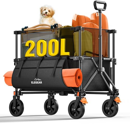 200L Chariot de Plage Pliable avec Hauteur Rétractable, Elegear Chariot à roulettes avec Freins et Poignée Réglable, XXL Chariotte Pliable pour Camping, Peche, Jardin, Picnic