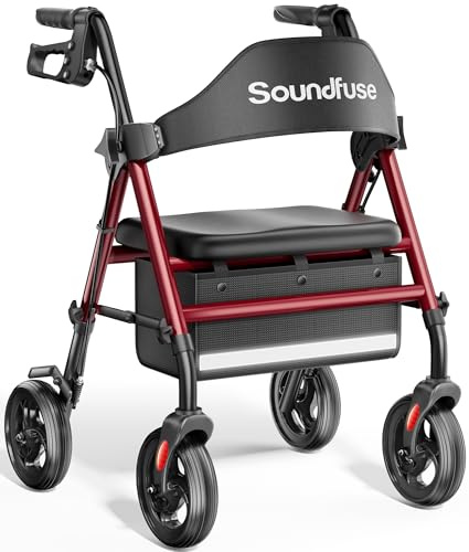 Déambulateur pour personnes âgées avec siège, déambulateur pliable de 158,8 kg, grandes roues de 20,3 cm pour tout terrain, poignées et siège ergonomique réglable en hauteur