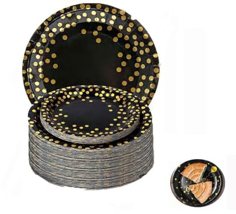 Wxinsheng Platos de Papel,50 Piezas Vajilla de Fiesta Negra con Puntos Dorados Juego de Platos Desechables de Cartón,para Bodas y compromisos, Bautizo,Cumpleaños,Halloween(18cm)