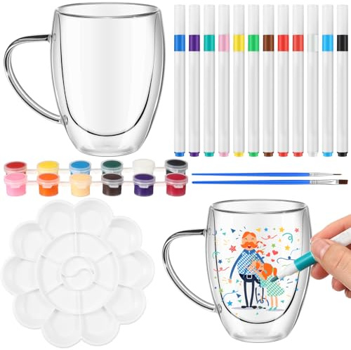 Didaey 17 Pcs Father's Day Paint Your Own Glass Cups Kits Personalized Coffee Mug Kit 12 Pcs DIY Markers 2 Colorful Acrylic Paint with 2 Brushes and a Palette to Design for Father's Day Gifts
