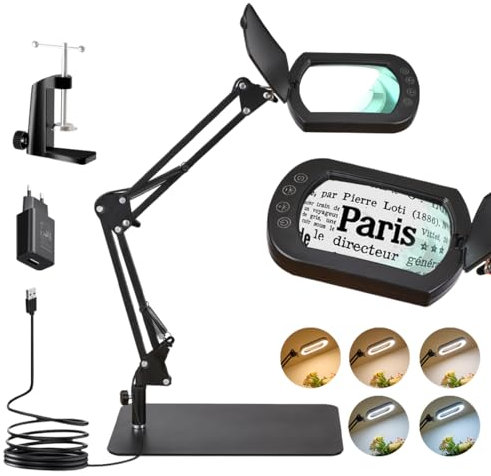 LHYNEE 2 in 1 Lampada con Lente di Ingrandimento Professionale, 10x Lente di Ingrandimento LED con Luce, Rettangolare Lampada da Tavolo con 5 Modalità Colore per Lettura, Riparazione, Lavoro Manuale