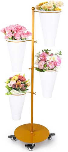 LEALIBAUSS Soporte de exhibición de flores de metal con 4 cubos, soporte de exhibición de carrito de flores con ruedas, barra floral para boda, jardín, eventos, decoración de fiestas