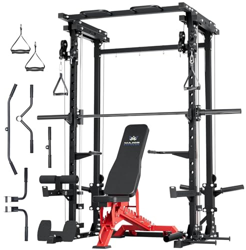 Major Fitness Drone3 Smith Machine with Weight Bench, All-in-One Home Gym Squat Rack with Cable Crossover & Pull-Up Station, Heavy-Duty Full-Body Workout for Strength Training, Black