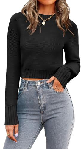 Zeagoo Pull en tricot court pour femme - Col rond - Manches longues - Automne - Hiver - Décontracté - Couleur unie - Tailles S à XXL