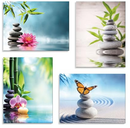 LuxHomeDecor Set 4 Quadri 40x30 cm - Stampa su Tela con Telaio in Legno - Zen Spa - Fiori e Farfalla - Decorazioni Relax per Bagno, Spa o Salone