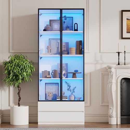 80 x 34 x 200 cm; Vitrina,Mueble Auxiliar de salón con 2 Puertas, vitrinas con 2 cajones, estanterías de Almacenamiento,estantería para Libros,estantería expositora, Estructura de Aluminio, Blanco