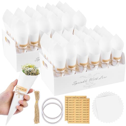 KALBIGRO 60 Piezas Conos Arroz Boda, Cono Papel Kraft Boda con 2 Caja Soporte Cucuruchos de Papel para Bodas, Conos de Confeti para Decoración Fiesta Ceremonia, Blanco