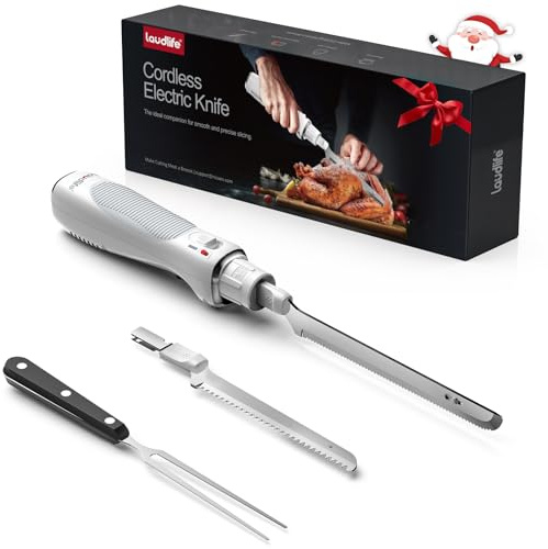New Upgrade Cordless Electric Knife with Serrated Blade, Ergonomic & Safe Design with Comfortable Contoured Grip, USB-C Rechargeable, 70+ Min Runtime, Ideal for Turkey, Meat, Bread & Vegetables, White